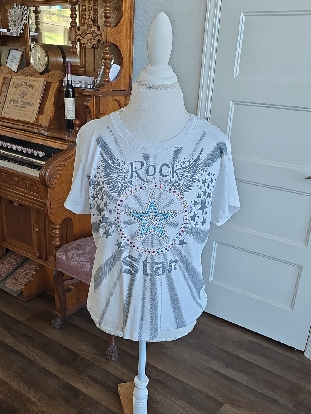 Y2k White Graphic 'Rock Star' Tee with Turquoise & Pink Studs